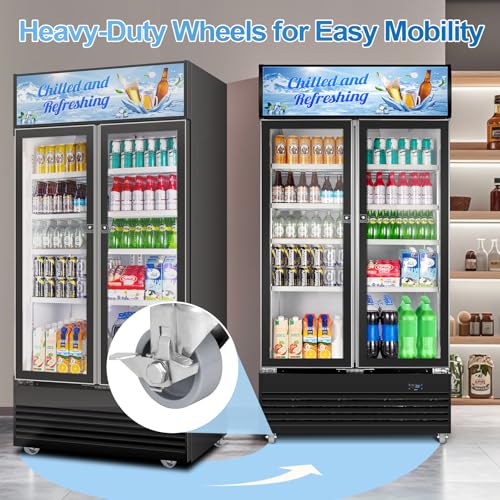Image of Tylza Commercial Refrigerator, Double Glass Door Display Beverage Fridge, 28.1 Cu Ft Upright Beverage Cooler Merchandiser with Replaceable Advertising Light Board, Rebound Door, Fast Cooling, Black