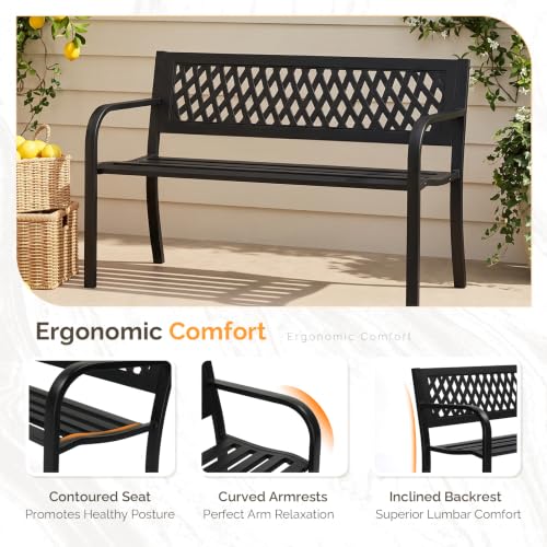 Image of VINGLI 47'' Outdoor Bench, Weather Resistant Garden Patio Bench Powder Coated Iron Frame w /PVC Mesh Backrest Slatted Seat, 2-Person Outdoor Furniture for Front Porch Entryway Park (Black)
