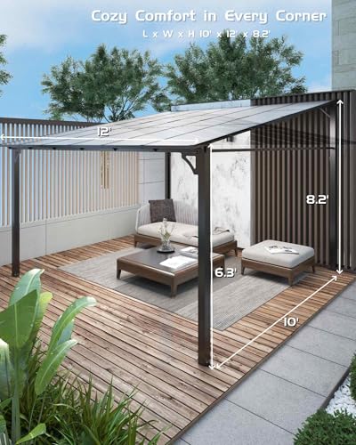 10'x 12' Lean to Gazebo, Hardtop Wall Pergola with Polycarbonate Roof, Aluminum Frame Mounted Gazebo for Lawn Patio Deck Yard and Party