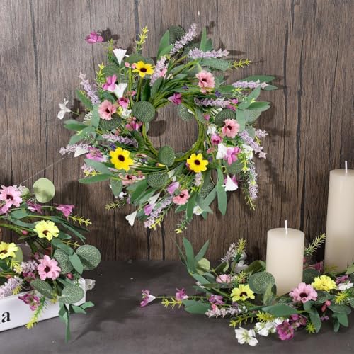 Image of 8 Pcs Spring Summer Artificial Flowered Wreath Mini Floral Wedding Candle Rings Wreaths 3inch Kitchen Cabinet Swags Wreath Pillar Candle Holder for Wedding Spring Summer Home Door Tabletop Decoration