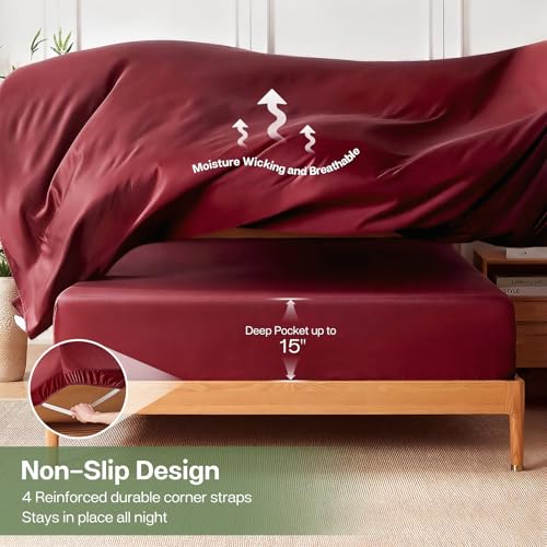 MR&HM Queen Sheet Set, 4-Piece Cooling Sheets, Rayon Derived from Bamboo & Polyester Blend, Soft & Silky, 15" Deep Pockets with Elastic Straps, Hotel Luxury for Hot Sleepers, Burgundy