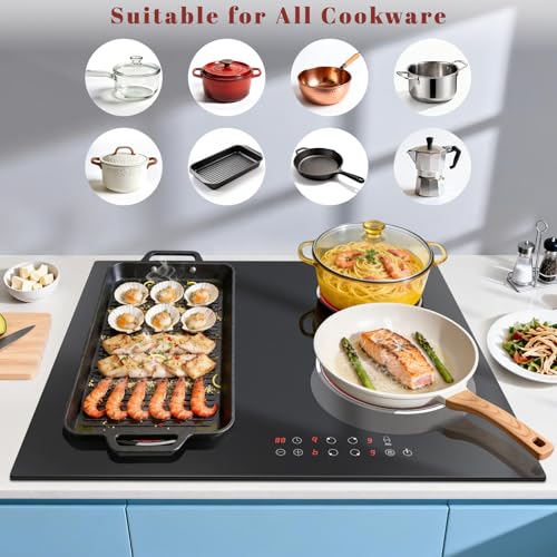 Image of 24 Inch Electric Cooktop Built-in, 4 Burner Electric Stove with 6900W Total High Power, 24 inch Ceramic Cooktop with BBQ Burner, Touch Control, Child Safety Lock, 220V-240V Hard Wire, No Plug