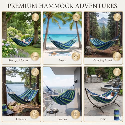 Image of Baskety Double Person Cotton Canvas Hammock with Spreader Bars Ultralight Travel Camping Hammock Swing Bed for Outdoor, Balcony, Garden, Beach - Max Load 200 KG (Blue, 280 x 100 cm)