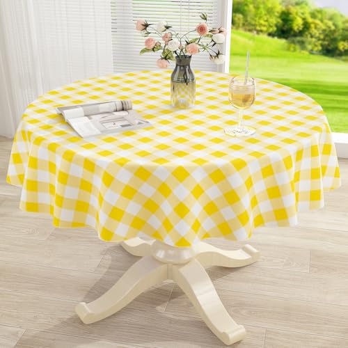 Image of misaya Round Waterproof Vinyl Table Cloth, Buffalo Flannel Backed Tablecloth, Wipeable Plastic Table Cover for Dinner, Kitchen, Picnic (60 inch, Yellow and White)