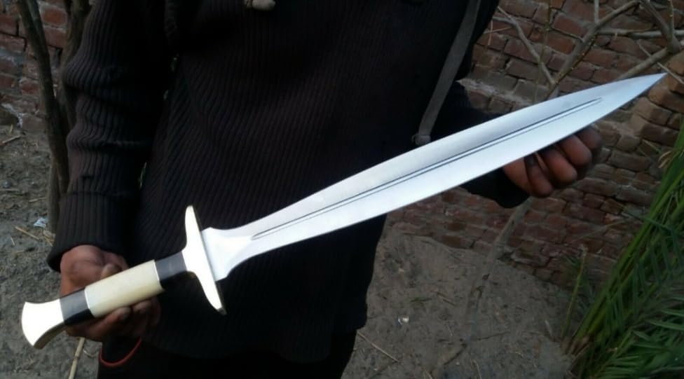 Empire -26 Inch Long Handmade J2 Steel Double Edge Combat Sword With Sheath - Camel Bone & Bull Horn Grip Hunting Sword Survival Sword Sharp edge - Traditional Hardening Process - Full Tang - Best Git