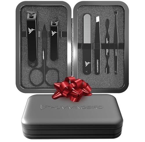 HUMMINGBIRD Manicure Kit for Men, 7 Piece Stainless Steel Mens Nail Grooming Kit with Travel Case, Includes Mens Nail Clippers Set, Nail File, Slant Tip Tweezers, Cuticle Scissors, Nail Care Tools