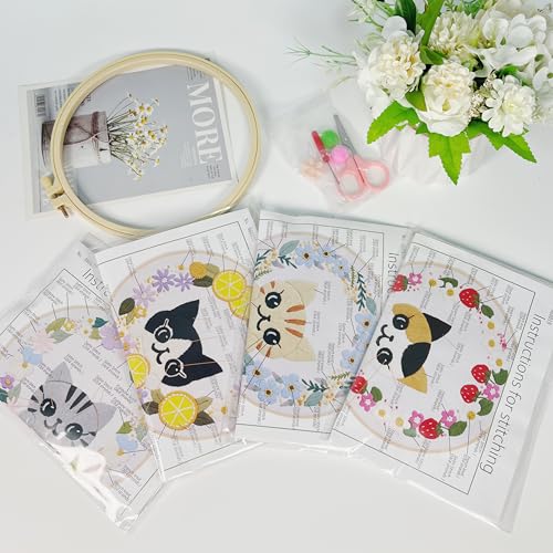 Image of VIRFONOR 4Pack Embroidery Kit for Beginners and Women,Embroidery Cross Stitch Kits with Easy Stamped Floral Pattern, Embroidery Hoop,Tools and Step-by-Step Instructions (Cat Pattern)