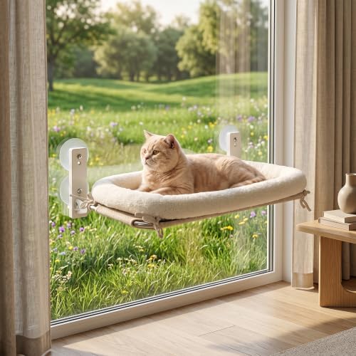 PEFUNY Cordless Folding Cat Window Perch Cat Hammock for Window and Wall with 4 Suction Cups Sturdy Setal Frame for Glass Windows and Interior Walls (White With Bed Medium)