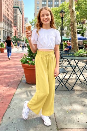 Image of Girls Summer Floral Wide Leg Pants High Waisted Flowy Dress Trousers with Pockets for School Lounge Beach 5-14 Years