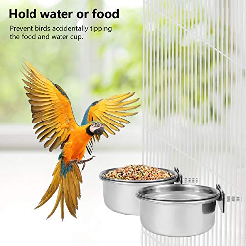 Birds Food Water Cup Parrot Food Bowl with Clamp Holder Stainless Steel Feeding Cage Dish Parrot Feeders Hanging Water Coop Bowls with Bracket Holder for Bird-lover and Small Animal (10cm/3.9in)