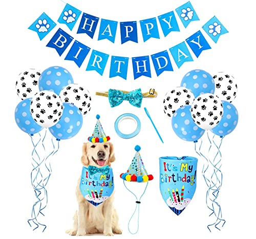 Juego de pañuelo de Sombrero de Primer cumpleaños para Perro Feliz Cumpleaños Estampado de Pata Banner Globo Decoracion Cumpleaños para Perros, Blue