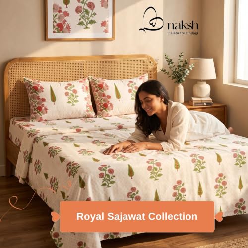 Image of Naksh Bedsheet for Double Bed King Size Floral Print 2 Pillow Covers | Bed Sheet Double Bed Soft Pink Floral Print | Delicate Pastel Design for King Size Bedrooms | Royal Sajawat Collection |