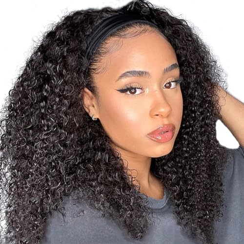 Curly Headband Wig Human Hair 180% Density Thick Throw & Go Kinky Curly Headband Wigs for Women 12 Inch None Lace Front Wigs Wear and Go Glueless Human Hair Wigs