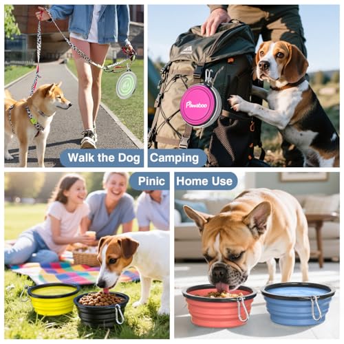 Pawaboo Faltbar Hundenapf, 2 Stück 1000 ml Hund Reisenäpfe Tragbar Silikon Auslaufsicher Trinknapf Fressnapf mit Deckel und Karabiner für Hunde Katzen Spaziergänge Unterwegs, Blau + Grau