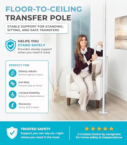 Image of Stander Wonder Pole with Rotating Single Grab Bar, Tension Mounted Floor to Ceiling Transfer Pole for Seniors & Elderly Adults, No-Drill Support Rail with Assist Handle for Home & Bath Safety, White