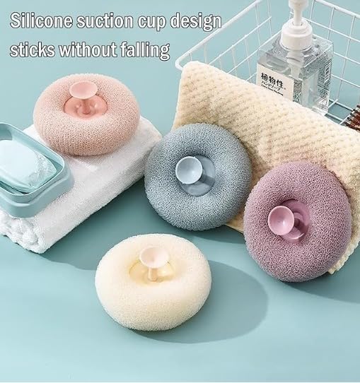 Round Loofah Scrubbing Brush Ultra Soft Bath Sponge Pouf Body Scrubber for Shower, Exfoliat Body Scrubber with Soft Mesh for Shower & Bathing Mesh Sponge with Suction Cup.(Pack of 1) 2