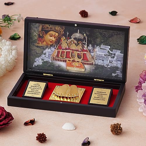 Image of 24K Gold Plated Religious Frame Rectangular Photo Frame Tabletop with Charan Paduka Return Gifts for Home Puja Office (Maa Vaishno Devi), 8.25 x 4.5 Inch