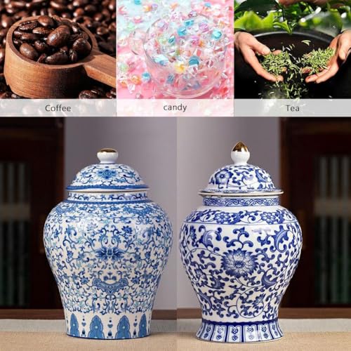 Chinoiserie Blue White Ginger Jars, Porcelain Jar Tea Storage, Ceramic Decorative Ginger Jar With Lid, Chinoiserie Decor Blue and White Vase, Porcelain Vases Decor for Living Room, Bedroom (C)