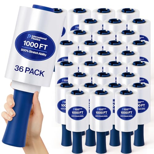 Image of International Plastics Co. 5 inch Plastic Stretch Film Wrap with Rotating Handle 1000 feet 500% Stretch Ability (36 Pack, 5 inch Spinning Handles)