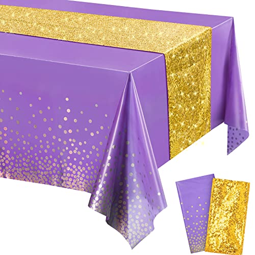 Image of Irenare 2 Pcs Purple Gold Tablecloth and Sequin Table Runner Set Polka Dots Confetti Table Cover Dining Plastic Tablecloths Glitter Decorations for Birthday Wedding Anniversary Party Supplies