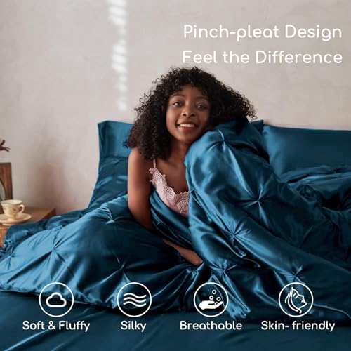 MR&HM Satin Comforter Twin XL 5 Pieces - Luxurious Pinch Pleat Bedding Set with Comforter, Flat Sheet, Fitted Sheet, Pillowcase & Sham, Super Silky Soft Bed Set for All Season (Twin XL, Teal)