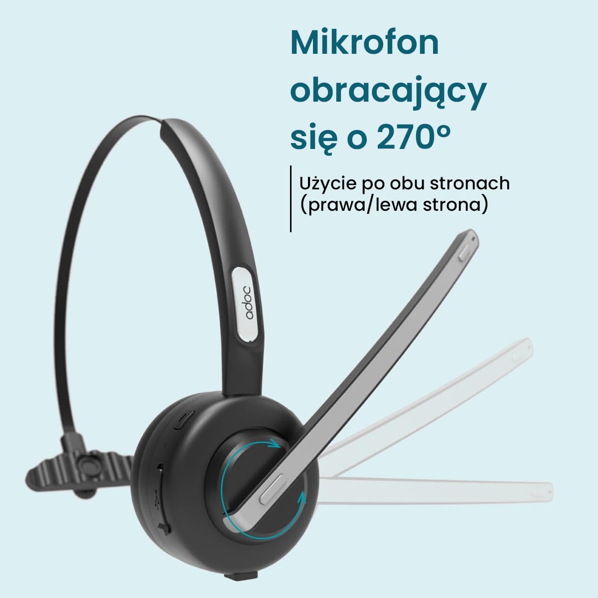 ADOC Słuchawki Bluetooth 5.0 z mikrofonem BT01, redukcja szumów, regulowany pałąk, skórzana podkładka, klawisz wielofunkcyjny, bateria 180 mAh.