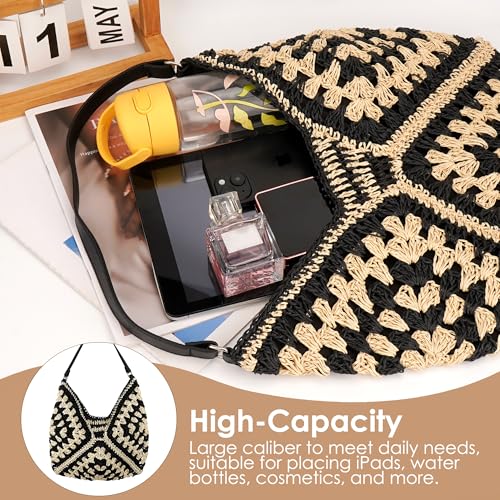 Large Straw Shoulder Bag for Women, Woven Tote with Lining and Magnetic Closure, Lightweight Summer Beach Bag for Travel, Casual Outings (Black, White)4