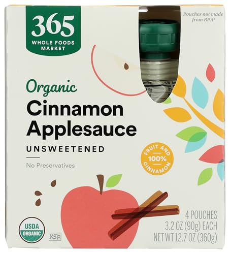 Image of 365 by Whole Foods Market, Organic Cinnamon Applesauce Pouches, Unsweetened, 3.2 Ounce (Pack of 4)