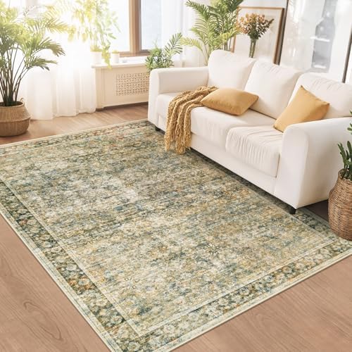 5x7 Area Rugs Washable Rug, Vintage Boho Large Area Rug Soft Non Slip Low Pile Indoor Floor Carpet Retro Distressed Kids Rug for Living Room Bedroom Nursery Dining Room Dorm Home Office(Brown, 5'x7')