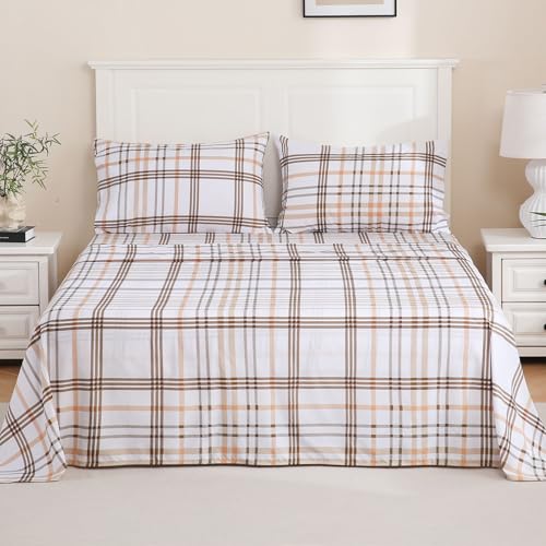 LONAVA Twin Sheet Set 3 Pieces,Z-Taupe Plaid Ultra Soft & Breathable Microbifer Sheets, 1600 Thread Count Hotel Luxury Oeko-Tex Bed Sheets, 14-16 Inch Deep Pocket Durable Wrinkle Free Sheets