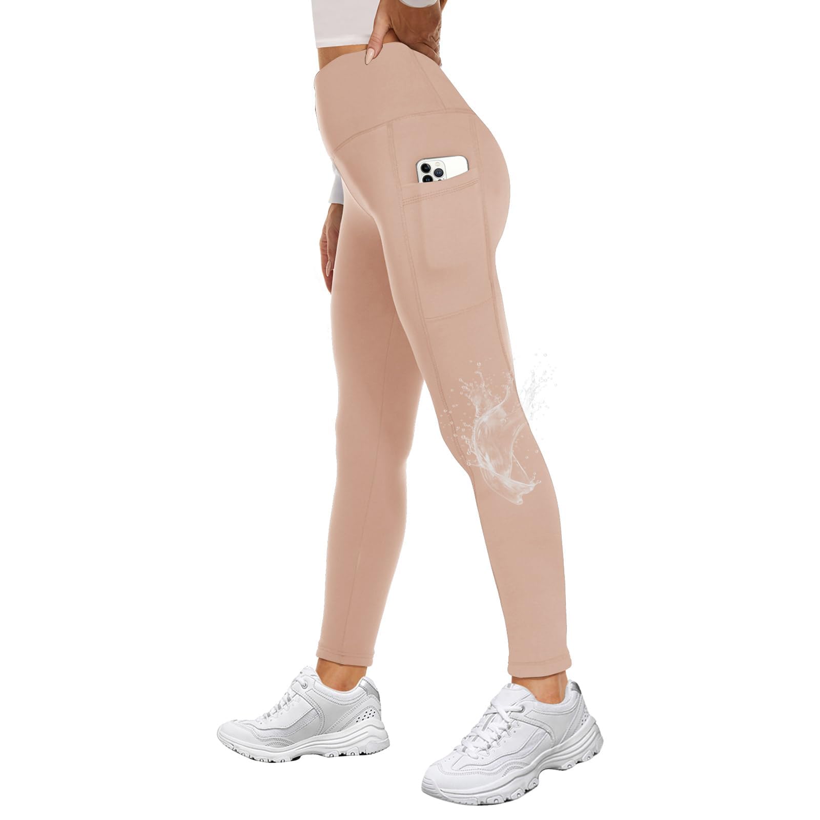 GAYHAY Fleece Lined Leggings for Women with Pockets- Water Resistant Winter Thermal Warm High Waisted Workout Tights Pants Small-Medium Beige