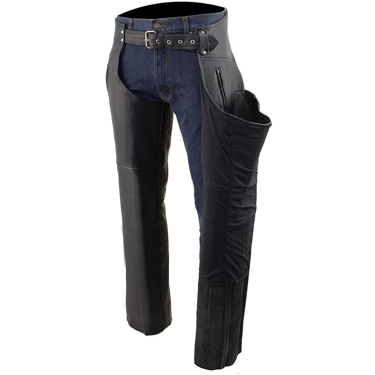 Milwaukee Chaps da Uomo in Pelle Nera con Tasche sulla Coscia con Cerniera, Taglia M
