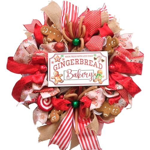 idyllic 18 Christmas Mesh Wreath for Front Door Gingerbread Man Wreath with Red Gold Ribbon Artificial Wreaths for Indoor Outdoor Home Porch Wall Window Festival Wedding Decor