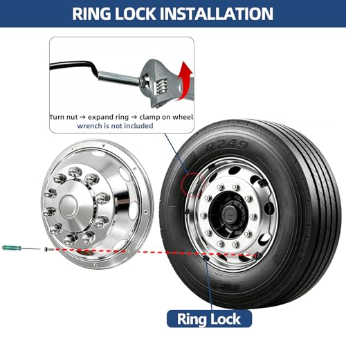 Image of hightall 22.5 inch Wheel Simulators,Stainless Steel Hubcaps,Polished Surface,2 Front+2 Rear Wheel,Locking Ring Installation Wheel Cover Set Compatible with US Single Rear Axle Semi Truck 4 Wheels