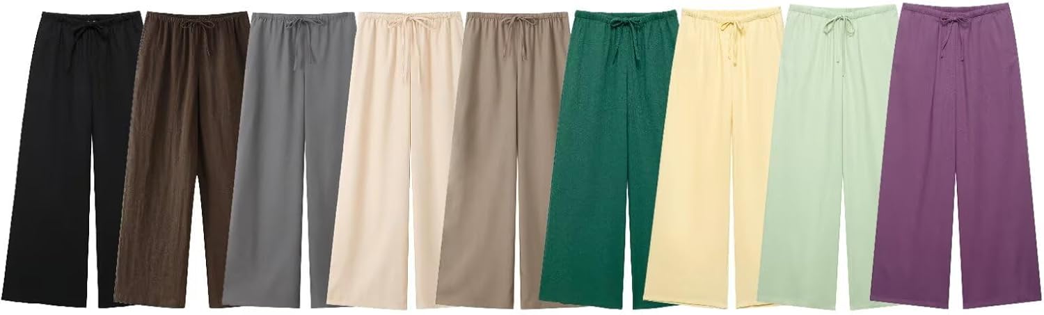 BB5026-27 Women's Linen Wide Leg Pants with Drawstring, Elastic Waist Casual Loose Fit Trousers