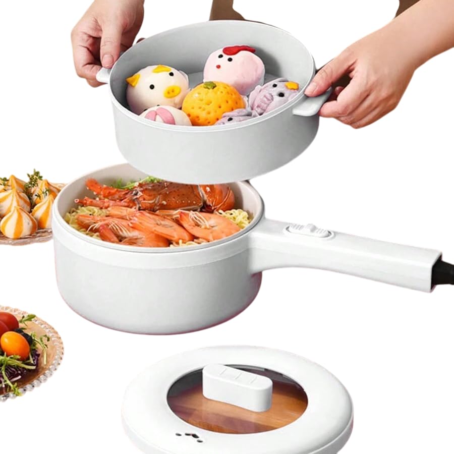 Genérico Multifunctional Electric Pot in use, cooking a stew in the main pot and steaming seafood in a separate bowl.