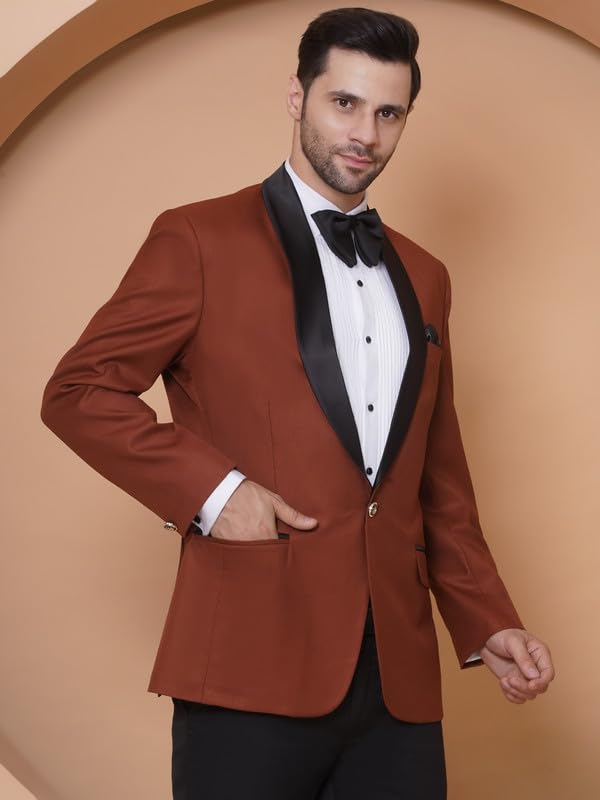 Image of FAVOROSKI Tuxedo Blazer for Men with 2 Pockets | Rayon Slim Fit Blazers | Ethnic Wear Tuxedos | One Button Solid Tuxedo Blazers in Shawl Collar | Blazer for Wedding, Festive, Formal
