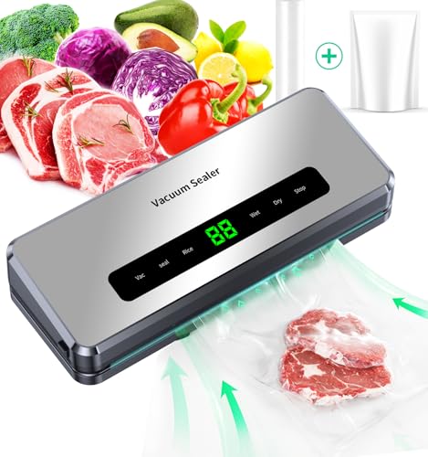 Hilifix - Máquina selladora al vacío 6 en 1 compacta para alimentos secos y húmedos para conservación fresca de alimentos secos, cortador integrado, almacenamiento de bolsas enrollables, pantalla LED,