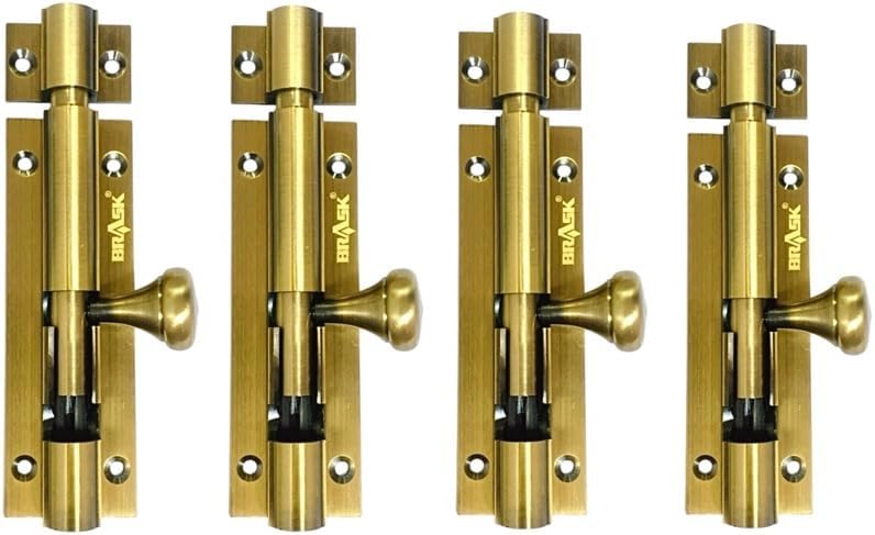 BRASK Solid Brass Tower Bolt with Fancy Matka Knob - 10 mm Rod in Antique Brass Finish with Screws | Heavy Duty Big Knob Bolt | Door Latch - Kundi/Chitakni/Latch/Chitkini (4 Inches, 4, Piece)