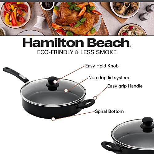 Hamilton Beach Nonstick Covered Saute Pan 11-Inch - Black Aluminum Saute Pan With Soft Touch Bakelite Handle & Glass Lid - Flared Edge - Spiral Bottom, Multipurpose Use - Durable & Dishwasher Safe #TOP2