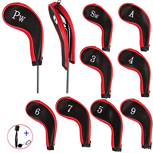 EDATOFLY 10 Stück Schlägerkopfhüllen für Eisen Schlägerhauben Golf Langer Hals mit Anzahl Print und 1 Stück Golf Bürste (Schwarz + Rot) EDATOFLY 10 Stück Schlägerkopfhüllen für Eisen Schlägerhauben Golf Langer Hals mit Anzahl Print und 1 Stück Golf Bürste (Schwarz + Rot)