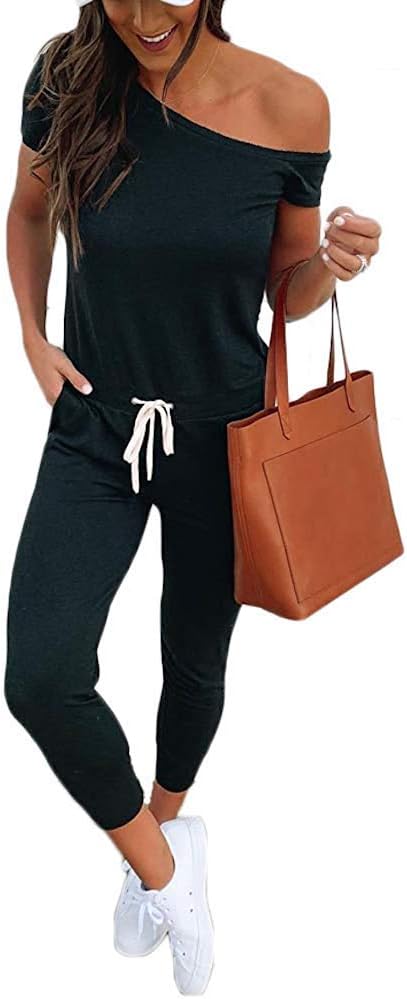 Women One Off Shoulder Jumpsuits Short Sleeve Casual Skinny Long Pants Rompers with Pockets