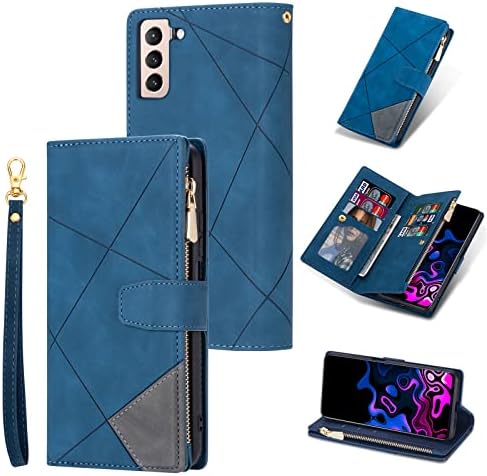 UEEBAI Wallet Case for Samsung Galaxy S21 Ultra 5G, Retro 9 Card Holder Slots Zipper Pocket Handbag Case PU Leather Magnetic Closure Kickstand with Wrist Strap TPU Shockproof folio Case - Black