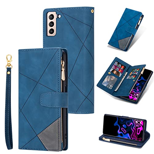 UEEBAI Wallet Case for Samsung Galaxy S21 FE 5G, Vintage Premium PU Leather Cover with Card Slots Magnetic Closure Zipper Pocket Kickstand Handbag with Hand Strap Flip Case - Blue by UEEBAI - Used condition - CA$6.05