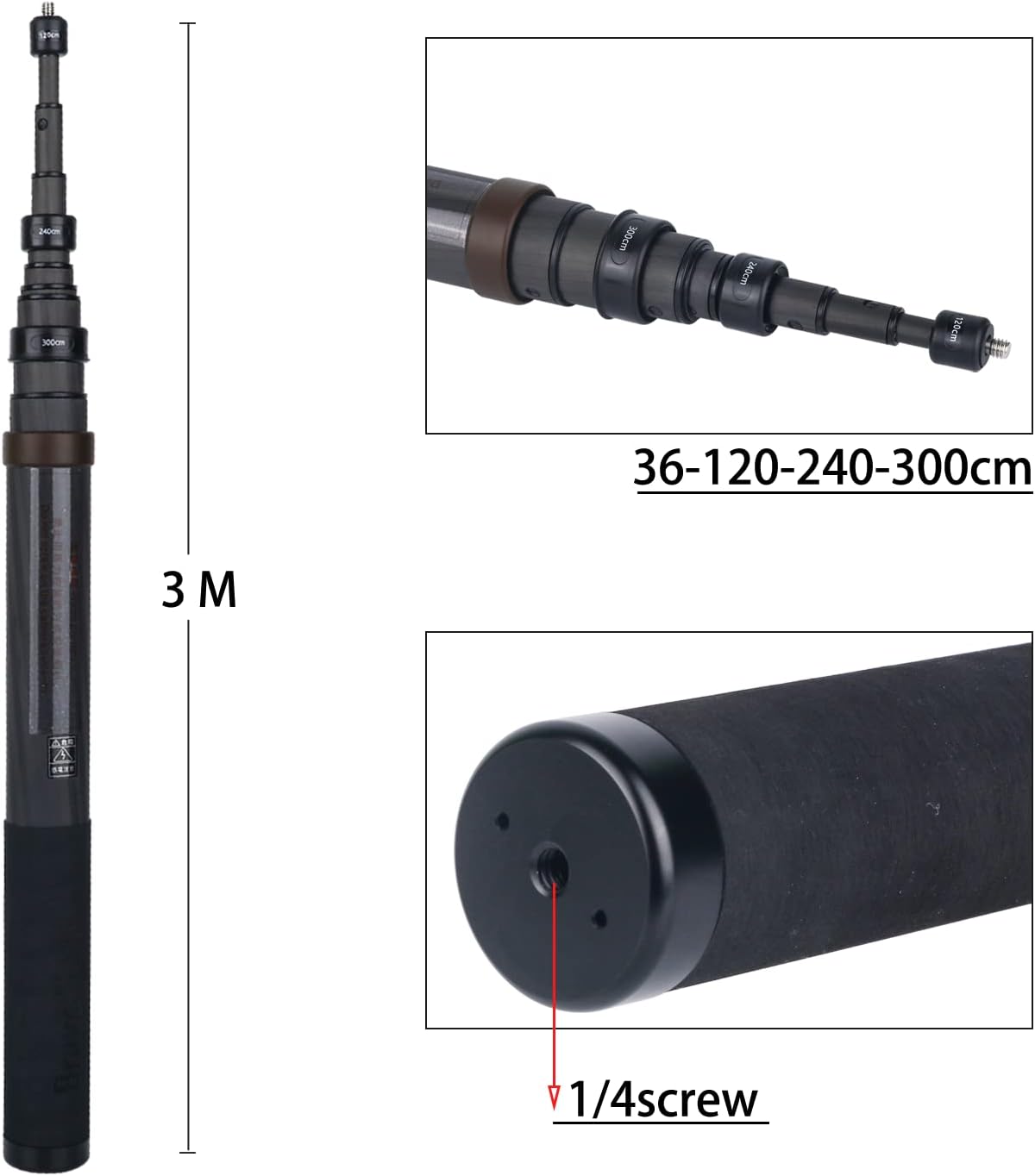 36cm Extended to 3m Super Long Carbon Fiber Invisible Selfie Stick for Insta360 for Insta 360 X5 X4 X3 X2 ONE R/RS for GoPro max for DJI OSMO 360 Accessories (Coffee)