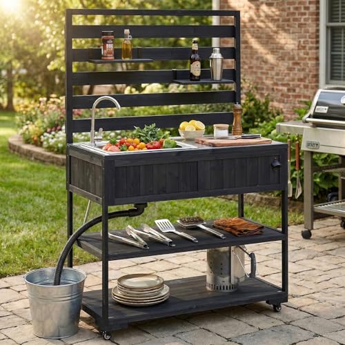 Merax Outdoor Rolling Kitchen Island with Sink, 41.7" Solid Wood