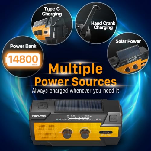FosPower NOAA Emergency Weather Radio A3 14800mWh Portable Power Bank, AM/FM, USB/Solar/Hand Crank Charging, SOS Alarm & Flashlight for Indoor/Outdoor Emergency - Orange - image 7