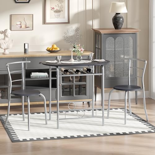 Image of VECELO 3-Piece Dining Table Set for Kitchen Breakfast Nook, Wood Grain Oval Tabletop and Metal Frame with Built-in Wine Rack, for Small Spaces, Black & Silver
