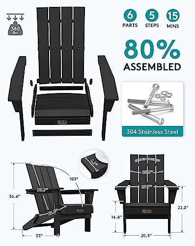Serwall Folding Adirondack Chairs, Plasitc Modern Oversized Adirondack Patio Chairs Weather Resistant, Fire Pit Chairs For Outdoor- Black #TOP2