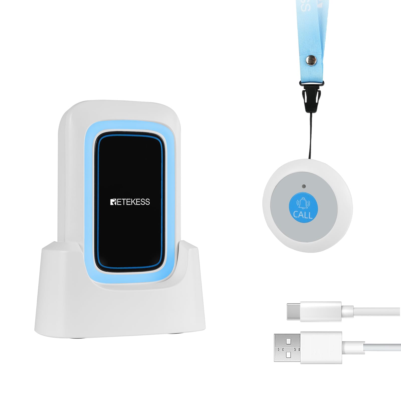 Retekess TH109 Pulsante Di Chiamata Wireless, Pulsante di Chiamata Per Anziani, Distanza di Comunicazione di 850 Piedi, Allarme Multimodale, Assistenza Domiciliare (1 Pulsante e 1 Ricevitor)